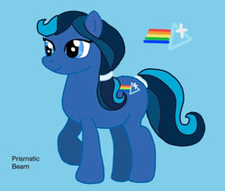 Size: 969x824 | Tagged: safe, artist:captainelsa, oc, oc only, oc:prismatic beam, earth pony, pony, blue background, character name, cutie mark, earth pony oc, eyelashes, female, looking forward, mare, quadrupedal, raised hoof, reference sheet, simple background, smiling, solo, standing