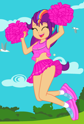 Size: 1412x2064 | Tagged: safe, artist:shieldwingarmorofgod, sunny starscout, bird, human, seagull, equestria girls, g4, g5, armpits, belly, belly button, cheerleader, cheerleader outfit, cheerleader sunny (g5), clothes, cute, equestria girls-ified, eyes closed, female, g5 to equestria girls, g5 to g4, generation leap, happy, jumping, mane stripe sunny, microskirt, midriff, miniskirt, open mouth, open smile, outdoors, pom pom, schrödinger's pantsu, sexy, shoes, skirt, slender, smiling, sneakers, socks, solo, sports, stupid sexy sunny starscout, sunnybetes, teenager, thin