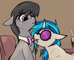 Size: 1384x1123 | Tagged: safe, artist:candel, dj pon-3, octavia melody, vinyl scratch, earth pony, pony, unicorn, g4, blushing, bowtie, chair, duo, duo female, female, horn, indoors, lesbian, mare, ship:scratchtavia, shipping, sunglasses, table