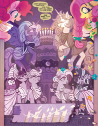 Size: 1988x2541 | Tagged: safe, artist:justasuta, idw, applejack, fluttershy, owlowiscious, pinkie pie, princess celestia, princess luna, twilight sparkle, zecora, alicorn, bird, earth pony, owl, pegasus, pony, zebra, g4, my little pony classics reimagined: the odyssey, spoiler:comic, aphrodite, athena, birthday cake, birthday candles, cake, candle, circe, clothes, cropped, eyes closed, female, floppy ears, flower, flower in hair, flying, folded wings, food, freckles, goddess, greek, greek clothes, greek mythology, helios, helmet, horn, lidded eyes, mare, persephone, phaëthon, royal sisters, self paradox, self ponidox, siblings, sisters, smiling, spread wings, table, twilight sparkle (alicorn), wings, zirce