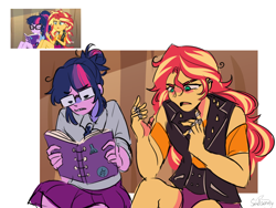 Size: 1200x900 | Tagged: safe, artist:sadscruffy, sci-twi, sunset shimmer, twilight sparkle, human, equestria girls, g4, bandage, book, duo, duo female, female, messy hair, scene interpretation, screencap reference, signature