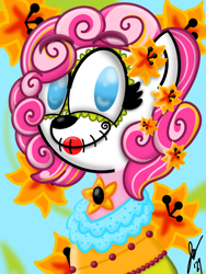 Size: 1620x2160 | Tagged: safe, artist:jesslmc16, gameloft, pinkie pie, earth pony, pony, g4, alternate hairstyle, bust, dia de los muertos, female, flower, flower in hair, looking at you, mare, portrait, signature, smiling, smiling at you, solo