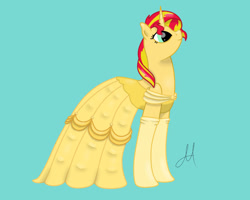 Size: 1280x1024 | Tagged: safe, artist:yinmai, sunset shimmer, pony, unicorn, g4, beauty and the beast, belle, clothes, cute, dress, evening gloves, female, gloves, gown, horn, long gloves, mare, smiling, solo