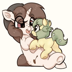 Size: 1709x1724 | Tagged: safe, artist:mushy, oc, oc only, oc:mocha bean macchiato, oc:pea, earth pony, pony, baby, baby pony, duo, female, filly, foal, hooves, tongue out