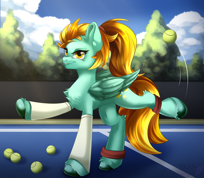 Size: 1634x1422 | Tagged: safe, artist:polinatess, lightning dust, pegasus, pony, g4, athletic, ball, chest fluff, clothes, concave belly, day, ear fluff, featured image, female, fluffy, hooves, leg band, leg warmers, long mane, mare, outdoors, ribcage, smiling, smirk, solo, sports, standing on two hooves, tennis, tennis ball, tennis court, unshorn fetlocks