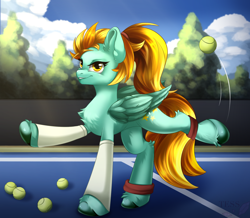 Size: 1634x1422 | Tagged: safe, artist:polinatess, lightning dust, pegasus, pony, g4, athletic, ball, chest fluff, clothes, concave belly, day, ear fluff, extended trot pose, featured image, female, fluffy, hooves, leg band, leg fluff, leg warmers, long mane, mare, outdoors, ribcage, smiling, smirk, solo, sports, standing on two hooves, tennis, tennis ball, tennis court, unshorn fetlocks