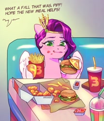 Size: 1715x1995 | Tagged: safe, artist:frank3dz, pipp petals, pegasus, pony, g5, burger, chicken meat, chicken nugget, dialogue, drink, eating, female, food, french fries, indoors, ketchup, mare, mcdonald's, meat, restaurant, sauce, smoothie, solo, that pony sure does love eating, this will end in weight gain