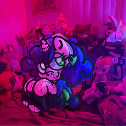 Size: 3840x3840 | Tagged: safe, artist:endercatcore, oc, oc only, oc:artshine aura, original species, plush pony, pony, unicorn, glasses, horn, nonbinary oc, plushie, real life background, solo, unicorn oc