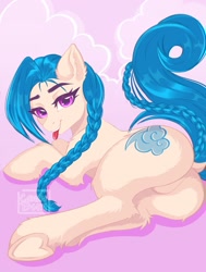 Size: 967x1280 | Tagged: safe, artist:candybun, earth pony, pony, braid, butt, featureless crotch, female, jinx (league of legends), league of legends, looking at you, looking back, looking back at you, lying down, on side, plot, ponified, raised tail, smiling, solo, tail, tongue out