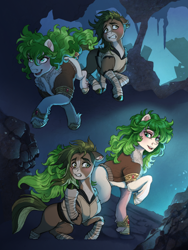 Size: 1100x1462 | Tagged: safe, artist:reikafox, oc, oc only, earth pony, pony, adventurer, cave, clothes, duo, green mane, scared