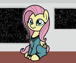 Size: 2047x1706 | Tagged: safe, artist:ewoudcponies, part of a set, fluttershy, pegasus, pony, g4, clothes, female, mare, sitting, solo, spaceship, spacesuit, uniform