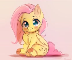 Size: 3564x2972 | Tagged: safe, artist:miokomata, fluttershy, pegasus, pony, g4, blushing, chest fluff, chibi, colored hooves, cute, daaaaaaaaaaaw, female, gradient background, hoof on chin, hooves, mare, shyabetes, sitting, smiling, solo, weapons-grade cute