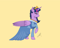 Size: 5000x4000 | Tagged: safe, artist:yinmai, twilight sparkle, alicorn, pony, g4, clothes, dress, eyes closed, profile, raised hoof, simple background, solo, twilight sparkle (alicorn), yellow background