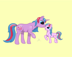 Size: 5000x4000 | Tagged: safe, artist:yinmai, baby buttons, buttons (g1), pony, unicorn, g1, g4, duo, female, filly, foal, g1 to g4, generation leap, horn, mare, nuzzling, one eye closed, open mouth, open smile, raised hoof, raised leg, simple background, smiling, tail, yellow background