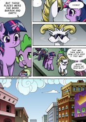 Size: 1204x1700 | Tagged: safe, artist:tarkron, spike, twilight sparkle, oc, oc:cosmo cool, alicorn, dragon, pony, comic:the royal sandal, g4, outdoors, speech bubble, sunglasses, twilight sparkle (alicorn)