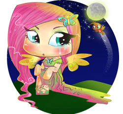 Size: 800x735 | Tagged: safe, artist:jujubacandy, fluttershy, bird, pegasus, anthro, g4, 2011, arm hooves, chibi, crying, female, moon, moonlight, night, no nose, old art, outdoors, solo focus, watermark