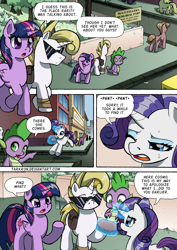 Size: 1204x1700 | Tagged: safe, artist:tarkron, rarity, spike, twilight sparkle, oc, oc:cosmo cool, alicorn, dragon, pony, unicorn, comic:the royal sandal, g4, horn, outdoors, speech bubble, sunglasses, twilight sparkle (alicorn)