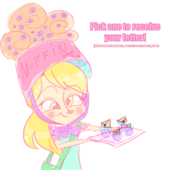 Size: 700x685 | Tagged: safe, artist:jujubacandy, derpy hooves, human, g4, 2011, food, humanized, letter, muffin, muffin hat, old art, simple background, solo, text, white background