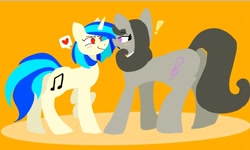 Size: 982x590 | Tagged: safe, artist:darkify, dj pon-3, octavia melody, vinyl scratch, earth pony, pony, unicorn, g4, blushing, butt, duo, duo female, exclamation point, female, heart, horn, lesbian, lineless, looking at each other, looking at someone, missing accessory, no dialogue, orange background, plot, red-eyed vinyl, ship:scratchtavia, shipping, simple background, speech bubble