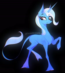 Size: 2468x2754 | Tagged: safe, artist:coolzaart, trixie, classical unicorn, pony, unicorn, g4, black background, cloven hooves, female, horn, leonine tail, mare, profile, raised hoof, signature, simple background, solo, unshorn fetlocks