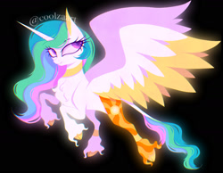 Size: 1987x1541 | Tagged: safe, artist:coolzaart, princess celestia, alicorn, pony, g4, black background, cloven hooves, colored wings, colored wingtips, female, leonine tail, mare, redesign, signature, simple background, solo, tail, unshorn fetlocks, wings