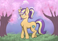 Size: 1500x1068 | Tagged: safe, artist:dj axel, oc, oc only, oc:fuji apple, pony, unicorn, cherry blossoms, commission, commissioner:prixy05, female, flower, flower blossom, horn, magical lesbian spawn, mare, offspring, outdoors, parent:applejack, parent:starlight glimmer, parents:glimmerjack, solo, ych result