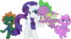 Size: 2863x1578 | Tagged: safe, artist:almostfictional, artist:candy meow, artist:catachromatic, artist:dragonchaser123, derpibooru exclusive, edit, vector edit, princess thunder guts, rarity, spike, oc, oc:emziko, dragon, pony, unicorn, g4, .svg available, bandana, bedroom eyes, canon x oc, cheek kiss, dragon oc, dragoness, dragonified, eyes closed, eyes open, fangs, female, female oc, flying, grin, group, horn, interspecies, kissing, kissy face, lidded eyes, male, mare, non-pony oc, open mouth, polygamy, quartet, raised hoof, raised leg, ship:sparity, ship:sparundiko, shipping, show accurate, simple background, smiling, species swap, spiko, spunder, straight, transparent background, vector, winged spike, wings