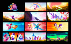 Size: 2000x1255 | Tagged: safe, artist:pablo r. mayer, applejack, fluttershy, pinkie pie, rainbow dash, rarity, twilight sparkle, alicorn, earth pony, pegasus, pony, unicorn, g5, my little pony: a new generation, official, applejack's hat, cloud, concept art, cowboy hat, eyes closed, eyeshadow, female, flying, hasbro, hat, horn, logo, makeup, mane six, mare, my little pony logo, my little pony: a new generation logo, open mouth, open smile, outdoors, rainbow, sky, smiling, spread wings, twilight sparkle (alicorn), water, waterfall, wings