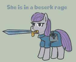 Size: 1371x1117 | Tagged: safe, artist:zoeyhorse, maud pie, earth pony, pony, g4, female, green background, lidded eyes, mare, open mouth, simple background, solo, sword, text, weapon