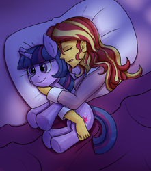 Size: 1500x1700 | Tagged: safe, artist:zachc, sunset shimmer, twilight sparkle, human, pony, unicorn, equestria girls, g4, bed, female, indoors, lesbian, open mouth, plushie, ship:sunsetsparkle, shipping, sleeping, solo, unicorn twilight