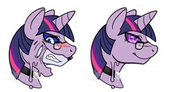 Size: 1500x800 | Tagged: safe, artist:hypnosiswolf, twilight sparkle, goo, pony, unicorn, g4, bondage, bust, collar, encasement, furry, furry to pony, glasses, horn, hypnosis, portrait, simple background, transformation