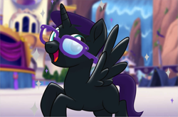 Size: 1001x661 | Tagged: safe, oc, oc only, oc:nyx, alicorn, pony, g4, my little pony: the movie, adolescent, alicorn oc, blank flank, cropped, female, female oc, filly, flying, foal, glasses, horn, mare, mare oc, mlp movie pony maker, older, older nyx, open mouth, outdoors, smiling, solo, sparkles, spread wings, teenager, wings