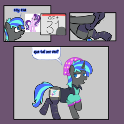 Size: 2048x2048 | Tagged: safe, artist:derpybeauty, starlight glimmer, oc, oc:sama, pony, unicorn, g4, clothes, crossdressing, femboy, horn, male, socks, spanish, unicorn oc