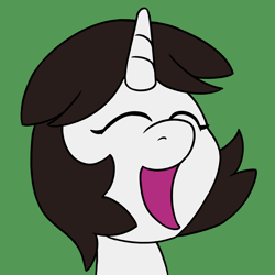 Size: 900x900 | Tagged: safe, artist:unitxxvii, oc, oc:talim, pony, unicorn, bust, eyes closed, female, green background, horn, mare, open mouth, open smile, simple background, smiling, solo