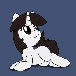 Size: 900x900 | Tagged: safe, artist:unitxxvii, oc, oc only, oc:talim, pony, unicorn, blue background, female, horn, looking up, lying down, mare, prone, simple background, smiling, solo, sploot