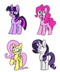 Size: 1000x1200 | Tagged: safe, artist:unitxxvii, fluttershy, pinkie pie, rarity, twilight sparkle, earth pony, pegasus, pony, unicorn, g4, female, frown, horn, mare, missing cutie mark, open mouth, open smile, pinpoint eyes, simple background, smiling, unicorn twilight, white background