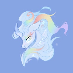 Size: 3500x3500 | Tagged: safe, artist:nettlemoth, oc, oc only, oc:cloudy canvas, kirin, blank eyes, blue background, bust, glowing, glowing eyes, high res, kirin oc, multicolored hair, profile, rainbow fire, rainbow hair, signature, simple background, solo