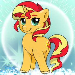 Size: 1280x1280 | Tagged: safe, artist:tiffanyelectricity, sunset shimmer, pony, unicorn, g4, female, horn, mare, pony sunset, signature, smiling, tail, unshorn fetlocks