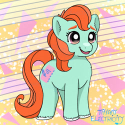 Size: 1280x1280 | Tagged: safe, artist:tiffanyelectricity, bright eyes, earth pony, pony, g1, my little pony tales, female, filly, foal, open mouth, open smile, signature, smiling, solo, tail, unshorn fetlocks