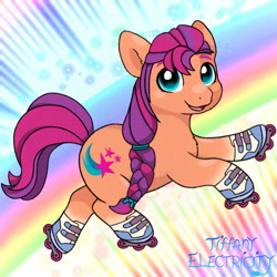 Size: 1280x1280 | Tagged: safe, artist:tiffanyelectricity, sunny starscout, earth pony, pony, g5, my little pony: a new generation, 3 year anniversary, female, gonna be my day, mare, open mouth, open smile, roller skates, signature, skates, smiling, solo, tail