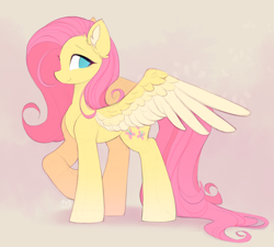 Size: 1850x1665 | Tagged: safe, artist:lerk, fluttershy, pegasus, pony, g4, ear fluff, full body, smiling, spread wings, standing, wings