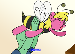 Size: 1920x1382 | Tagged: safe, artist:kid wizard, editor:firlin123, cherry berry, oc, oc:anon, g4, animal costume, bee costume, cherry bee, cherrybetes, clothes, costume, cute, eyes closed, happy, upsies, weeeeeeee