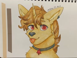 Size: 1280x961 | Tagged: safe, artist:jjsh, oc, oc only, pony, unicorn, bell, bell collar, bust, collar, cute, cute face, ear fluff, ear piercing, fluffy, horn, looking at you, male, marker drawing, piercing, portrait, sketchbook, smiling, smiling at you, solo, stallion, traditional art