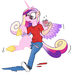 Size: 1450x1496 | Tagged: safe, artist:vanillayote, princess cadance, alicorn, human, pony, g4, candy, clothes, confused, eating, falling, food, glasses, human to pony, simple background, solo, transformation, white background