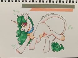 Size: 1280x961 | Tagged: safe, artist:jjsh, oc, oc only, oc:sugarstar, pony, unicorn, bell, bell collar, collar, cute, fangs, heart, hooves, horn, leonine tail, looking at you, marker drawing, open mouth, running, sketchbook, smiling, smiling at you, solo, tail, teeth, traditional art