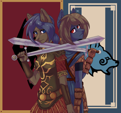 Size: 4500x4196 | Tagged: safe, artist:rensakai, oc, oc only, oc:slate, oc:timber, earth pony, anthro, skyrim, sword, the elder scrolls, weapon