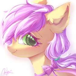 Size: 1024x1024 | Tagged: safe, artist:arlen, oc, oc only, oc:plum blossoms, earth pony, pony, bowtie, bust, earth pony oc, female, green eyes, looking at you, mane tie, mare, neck bow, portrait, purple mane, simple background, smiling, white background, yellow coat