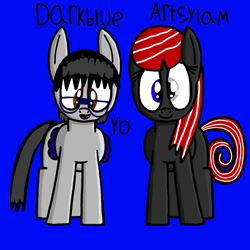 Size: 3000x3000 | Tagged: safe, artist:pegasus darkblue, oc, oc only, oc:artsylam, oc:darkblue, earth pony, pegasus, blue background, duo, female, glasses, heterochromia, male, mare, simple background, smiling, stallion, text