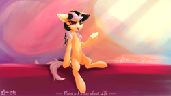 Size: 3840x2160 | Tagged: safe, artist:行豹cheetahspeed, oc, oc only, oc:autumn trace, pony, unicorn, series:paint a picture about life, belly, belly button, black and white mane, chest fluff, ear fluff, female, fluffy, frog (hoof), hoofbutt, horn, light, looking at you, mare, open mouth, orange eyes, raised hoof, sitting, solo, tail, two toned mane, two toned tail, underhoof, yellow skin