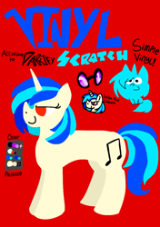 Size: 840x1190 | Tagged: safe, artist:darkify, dj pon-3, vinyl scratch, pony, unicorn, g4, color palette, female, horn, mare, red background, red-eyed vinyl, reference sheet, simple background, smug, solo, vinyl's glasses